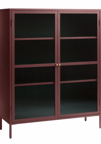 Bronco glass skap, m. 2 drer og hyller - riflet glass og burgunder metall (H:140)