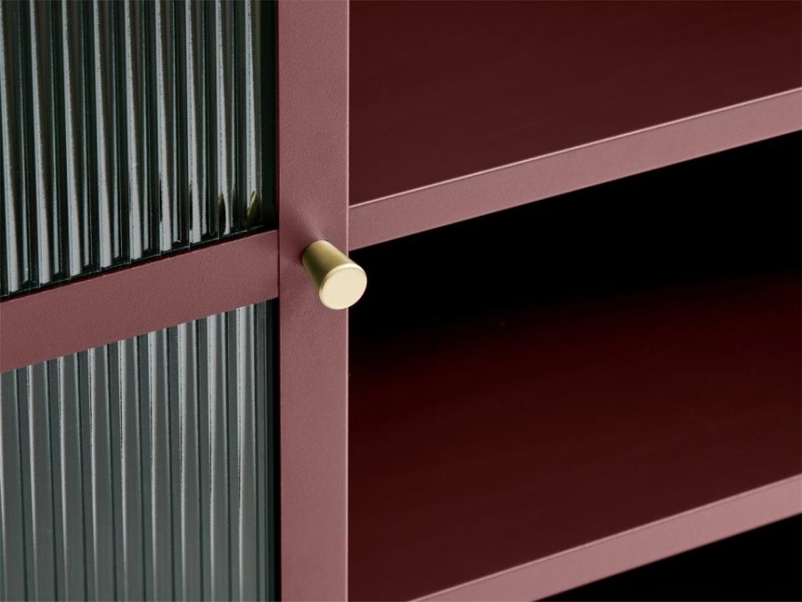 Bronco glass skap, m. 2 drer og hyller - riflet glass og burgunder metall (H:140)