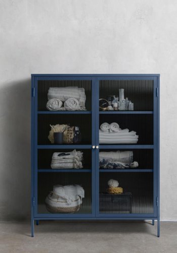 Bronco glass skap, m. 2 drer og hyller - riflet glass og stl blmetall (H:140)