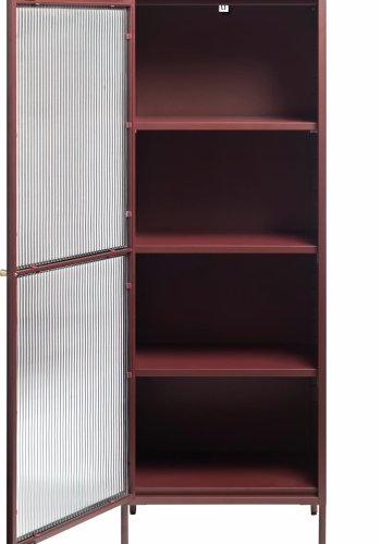 Bronco-Vitrine, links, mit 1 Tür und 3 Einlegeböden – geriffeltes Glas und burgunderfarbenes Metall (H:160)