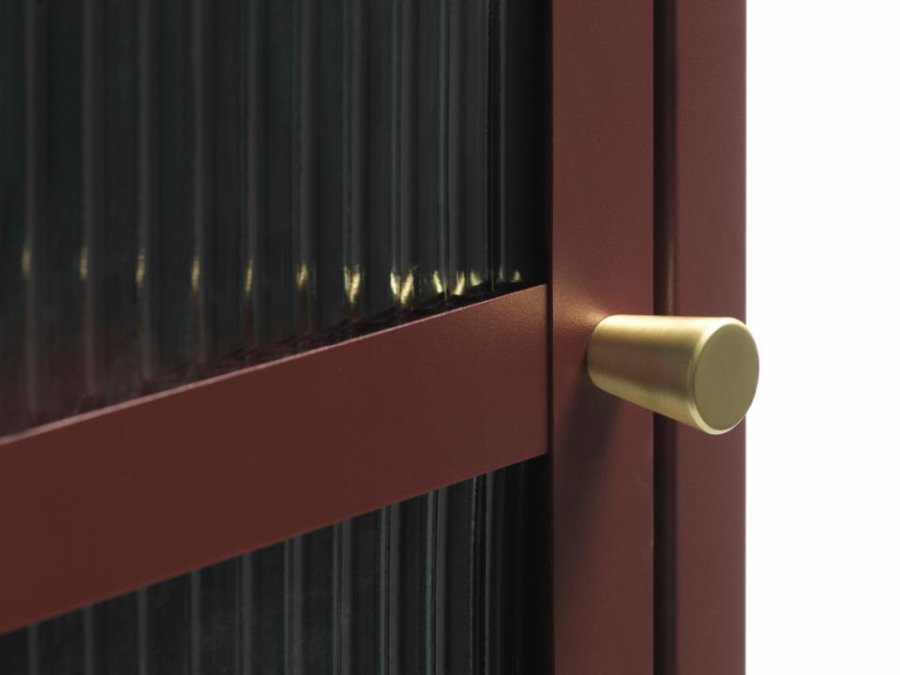 Bronco-Vitrine, links, mit 1 Tür und 3 Einlegeböden – geriffeltes Glas und burgunderfarbenes Metall (H:160)