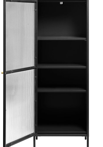 Bronco Glasvitrine, links, mit 1 Tür und 3 Einlegeböden – geriffeltes Glas und schwarzes Metall (H:160)