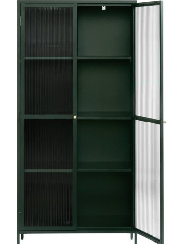 Bronco glass skap, m. 2 drer og hyller - riflet glass og grangrnt metall (H:190)