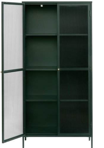 Bronco glass skap, m. 2 drer og hyller - riflet glass og grangrnt metall (H:190)