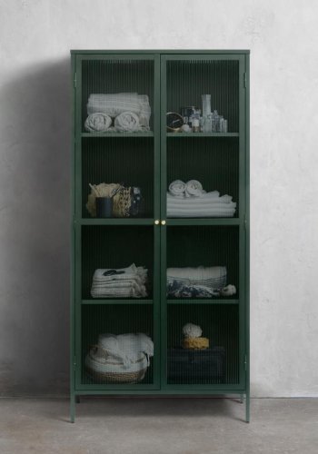 Bronco glass skap, m. 2 drer og hyller - riflet glass og grangrnt metall (H:190)