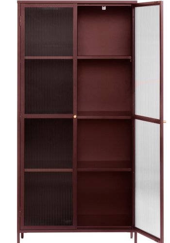 Bronco glass skap, m. 2 drer og hyller - riflet glass og burgunder metall (H:190)