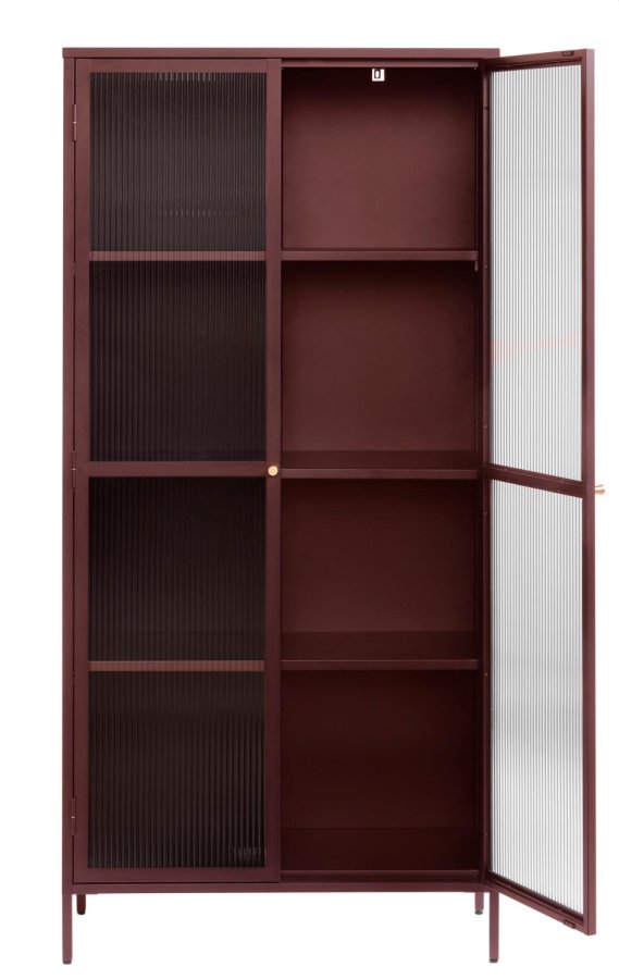 Bronco glass skap, m. 2 drer og hyller - riflet glass og burgunder metall (H:190)