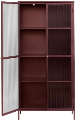 Bronco glass skap, m. 2 drer og hyller - riflet glass og burgunder metall (H:190)