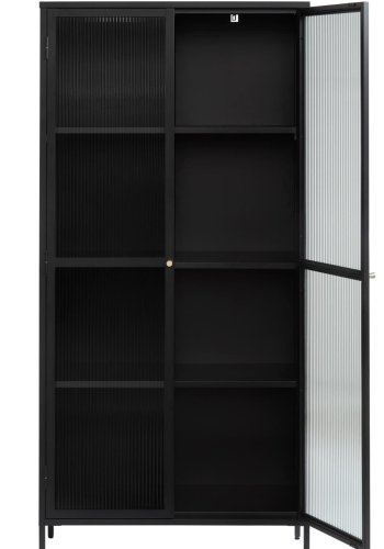 Bronco glass skap, m. 2 drer og hyller - riflet glass og svart metall (H:190)