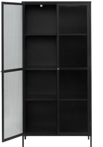 Bronco glass skap, m. 2 drer og hyller - riflet glass og svart metall (H:190)