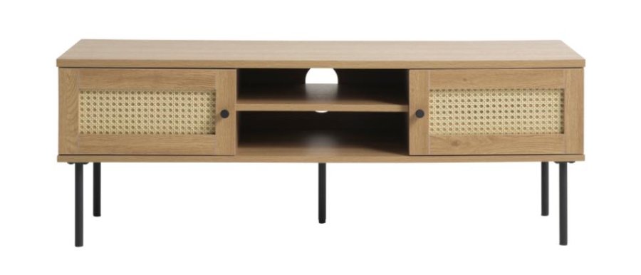 Pensacola TV-bord, med 2 drer og 1 hylle - naturlig eik melamin og polyrattan (120x40)