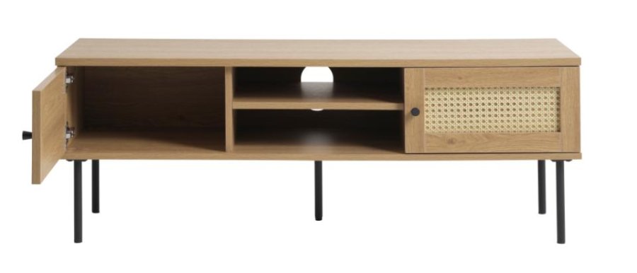 Pensacola TV-bord, med 2 drer og 1 hylle - naturlig eik melamin og polyrattan (120x40)