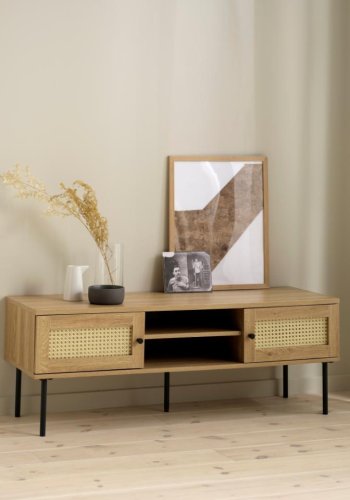 Pensacola TV-bord, m. 2 l�ger og 1 hylde - natur eg melamin og polyrattan (120x40)