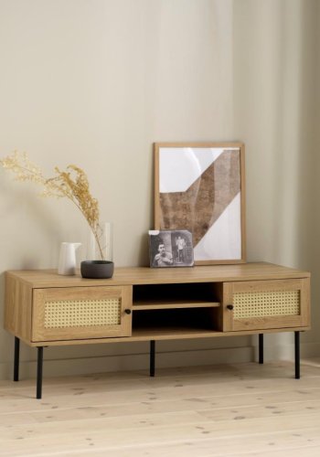 Pensacola TV-bord, med 2 drer og 1 hylle - naturlig eik melamin og polyrattan (120x40)