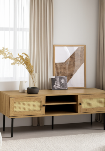 Pensacola TV-bord, m. 2 l�ger og 1 hylde - natur eg melamin og polyrattan (120x40)