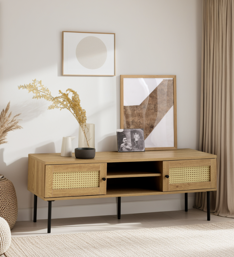 Pensacola TV-bord, m. 2 l�ger og 1 hylde - natur eg melamin og polyrattan (120x40)