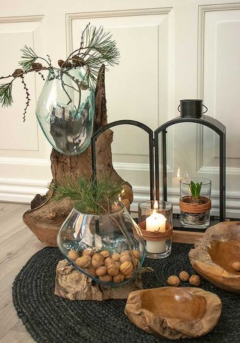 HOUSE NORDIC San Marino Vanndrpeskulptur - glass/naturlig teak/stl (H:50cm)