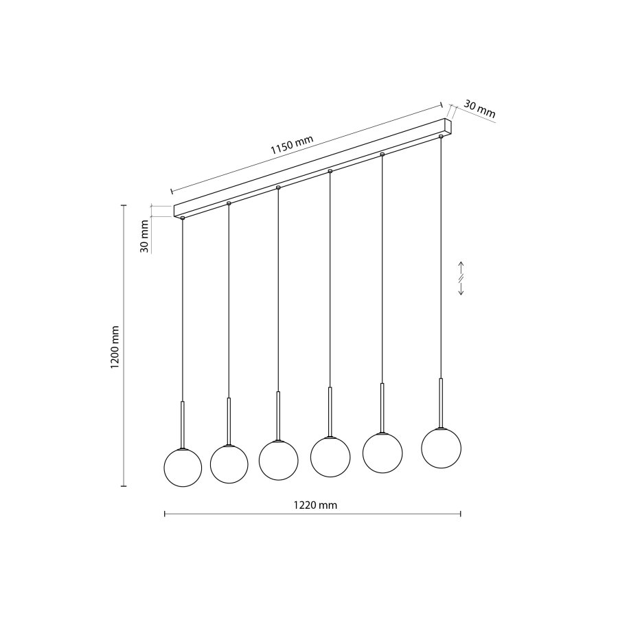TK Martin taklampe, m. 6 skjermer - hvitt glass og sort metall