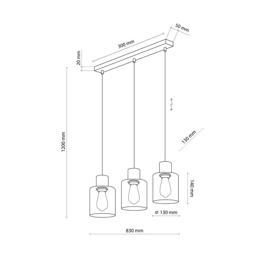 TK Orson taklampe, m. 3 skjermer - glass og tre 