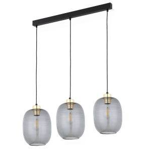 TK Delta loftlampe, m. 3 skrme - glas, guld og sort metal