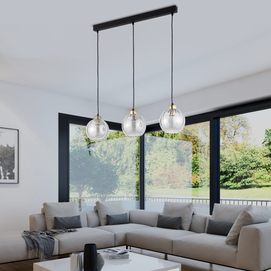 TK Devi taklampe, m. 3 skjermer - klart glass og sort metall