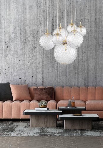 TK Cadix taklampe, m. 7 skjermer - glass og gull stl