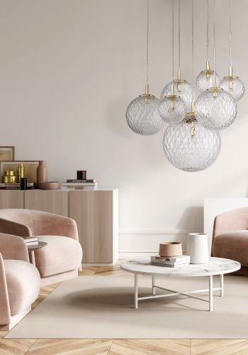 TK Cadix taklampe, m. 7 skjermer - glass og gull stl