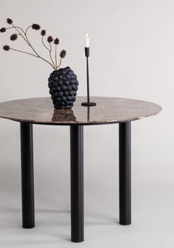 VIND KOLLEKSJON Havstone spisebord, rundt - glass med brunt marmormnster og sort metall (106)