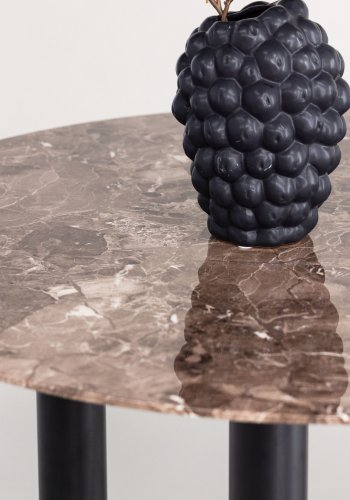 VIND KOLLEKSJON Havstone spisebord, rundt - glass med brunt marmormnster og sort metall (106)