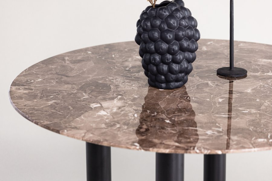 VIND KOLLEKSJON Havstone spisebord, rundt - glass med brunt marmormnster og sort metall (106)