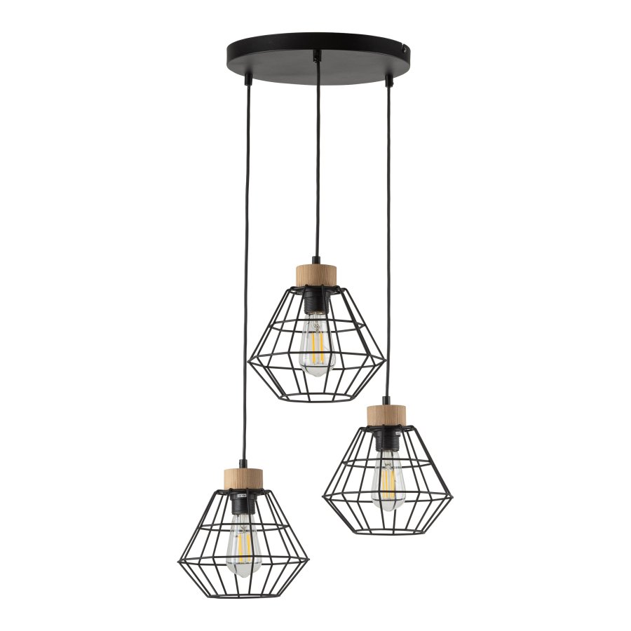 TK Rafael taklampe, m. 3 skjermer - svart metall og tre