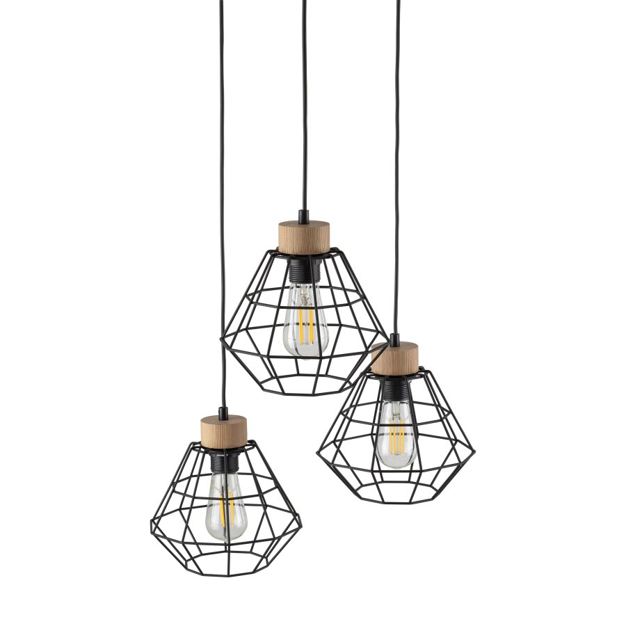 TK Rafael taklampe, m. 3 skjermer - svart metall og tre