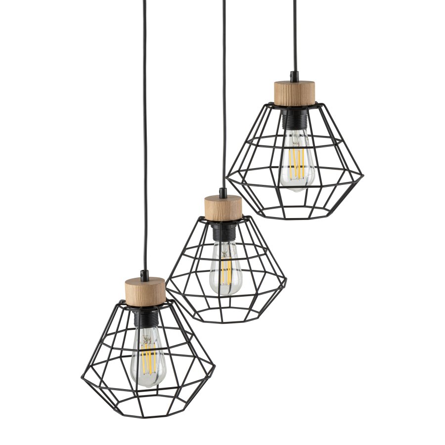 TK Rafael taklampe, m. 3 skjermer - svart metall og tre