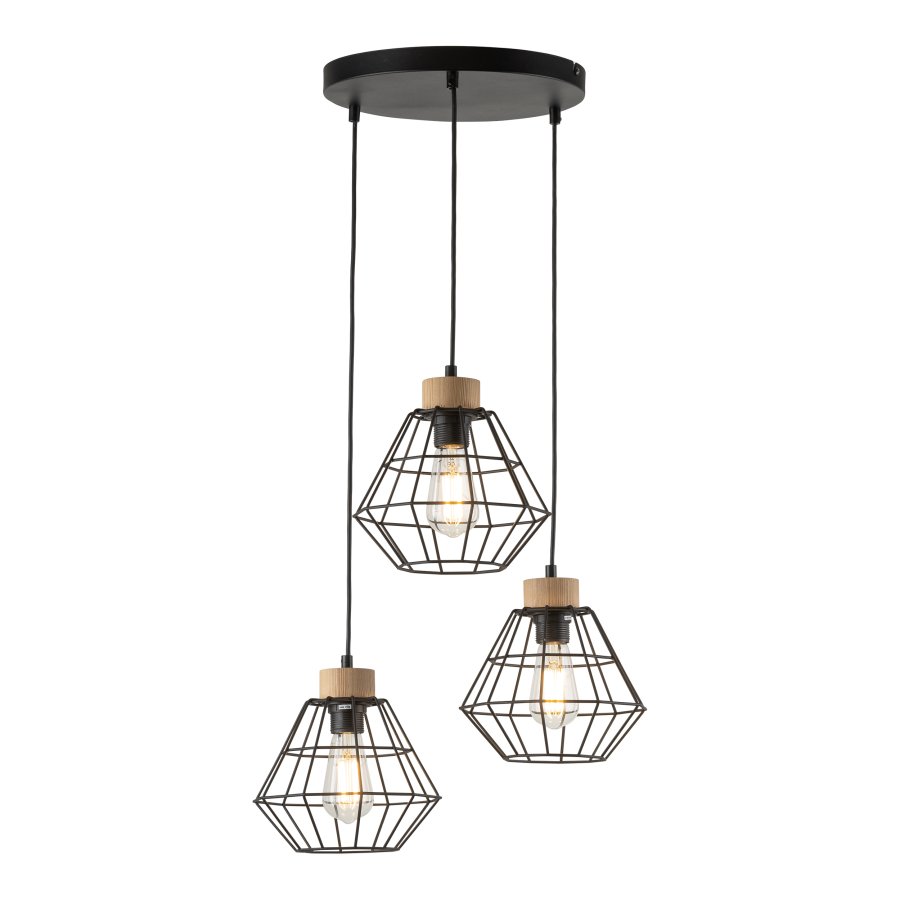 TK Rafael taklampe, m. 3 skjermer - svart metall og tre