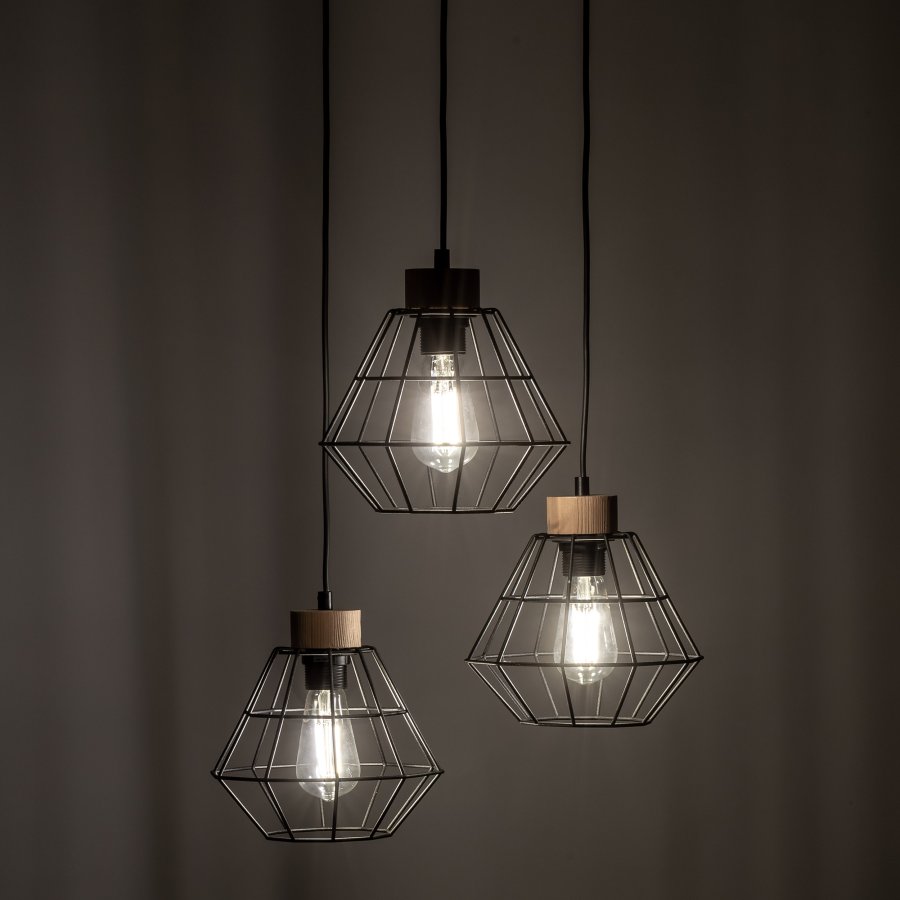 TK Rafael taklampe, m. 3 skjermer - svart metall og tre