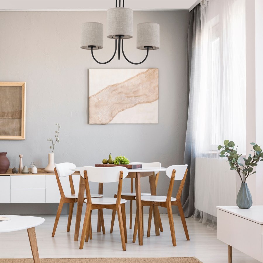 TK Torens loftlampe, m. 3 skjermer - naturlig linstoff og sort metall