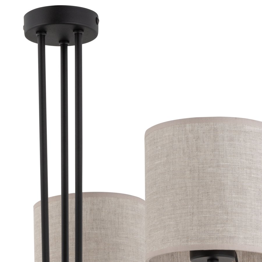 TK Torens loftlampe, m. 3 skjermer - naturlig linstoff og sort metall