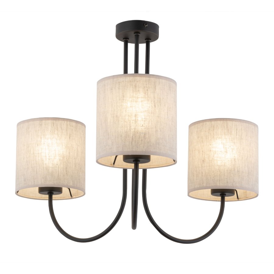 TK Torens loftlampe, m. 3 skjermer - naturlig linstoff og sort metall