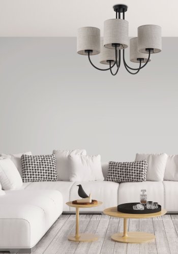 TK Torens loftlampe, m. 5 skjermer - naturlig linstoff og sort metall