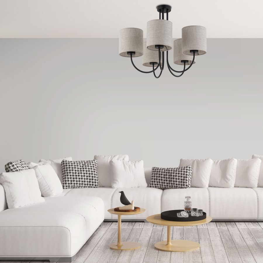 TK Torens loftlampe, m. 5 skjermer - naturlig linstoff og sort metall