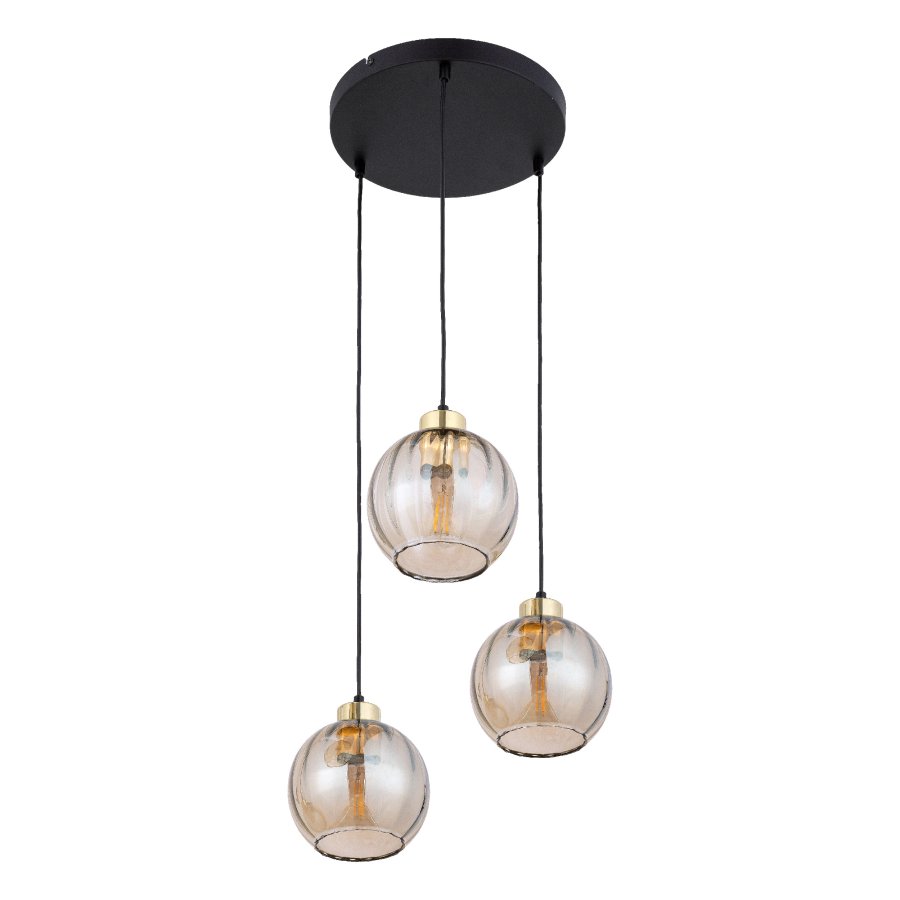 TK Devi loftlampe, m. 3 skrme - rav glas og sort metal