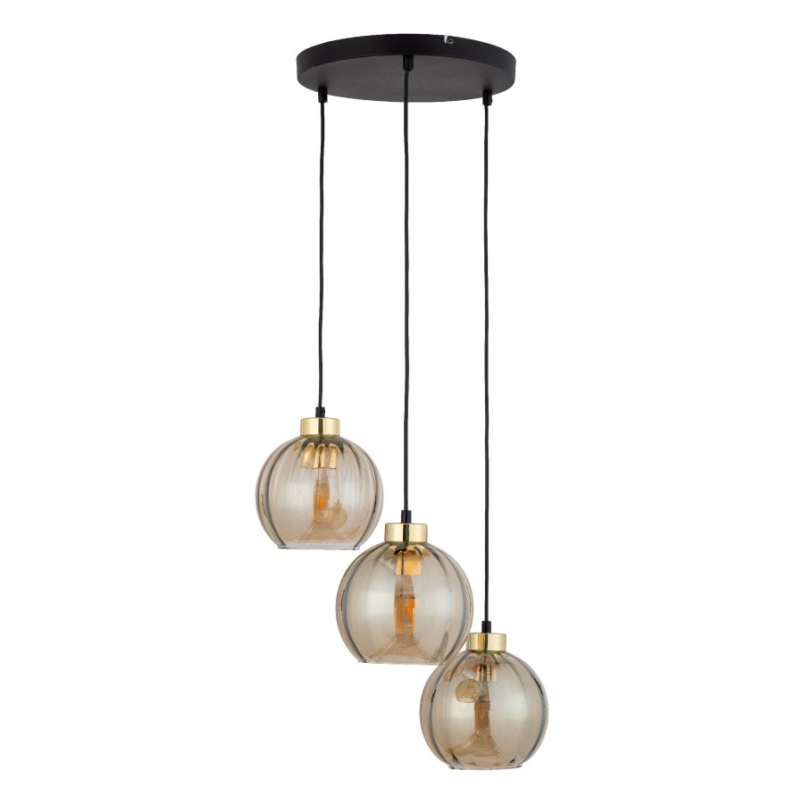TK Devi loftlampe, m. 3 skrme - rav glas og sort metal