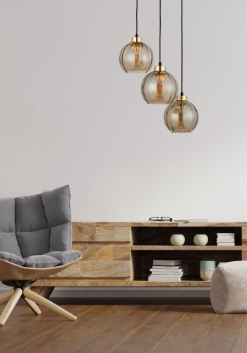 TK Devi loftlampe, m. 3 skrme - rav glas og sort metal