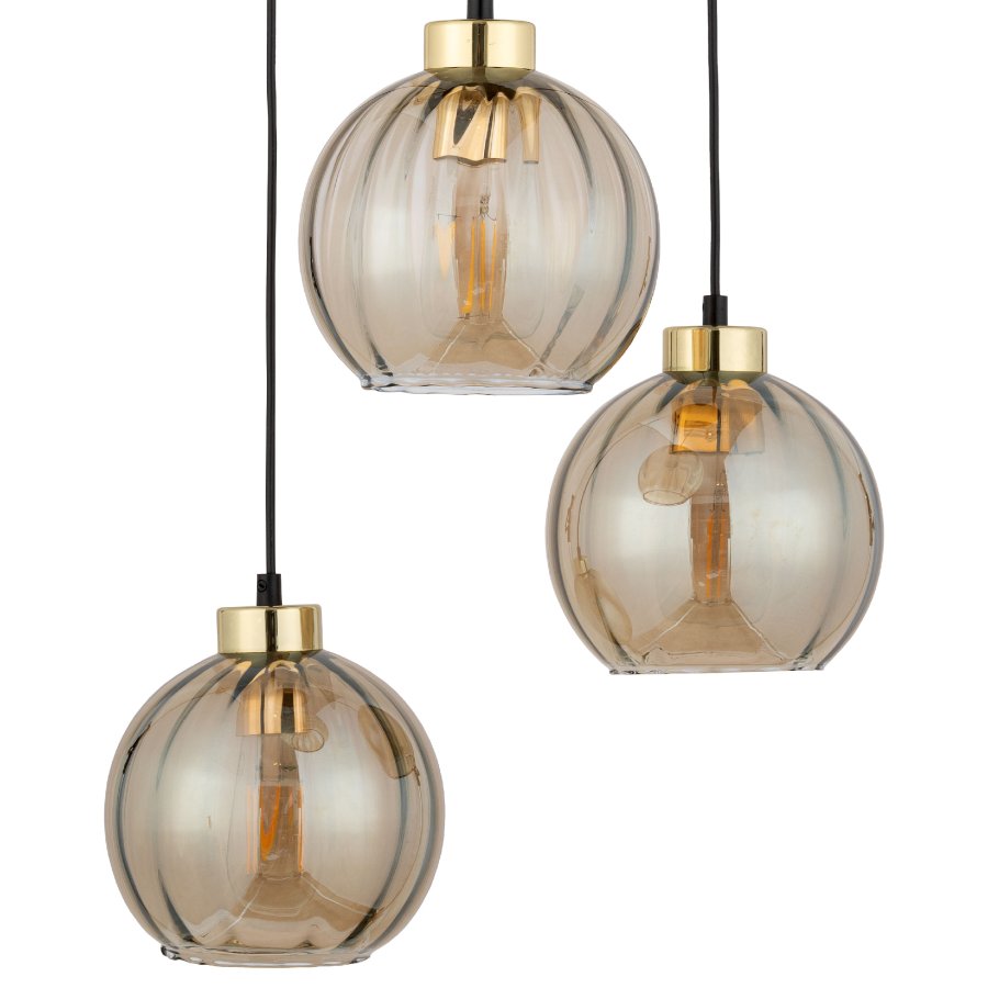 TK Devi loftlampe, m. 3 skrme - rav glas og sort metal