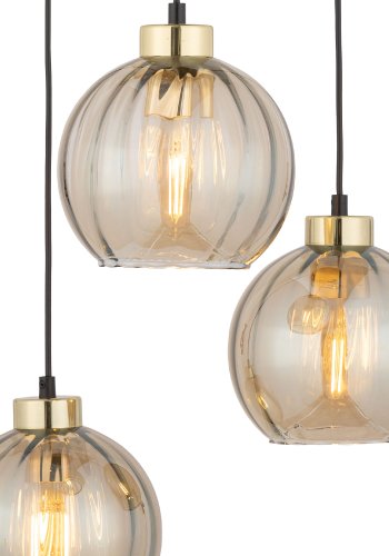 TK Devi loftlampe, m. 3 skrme - rav glas og sort metal