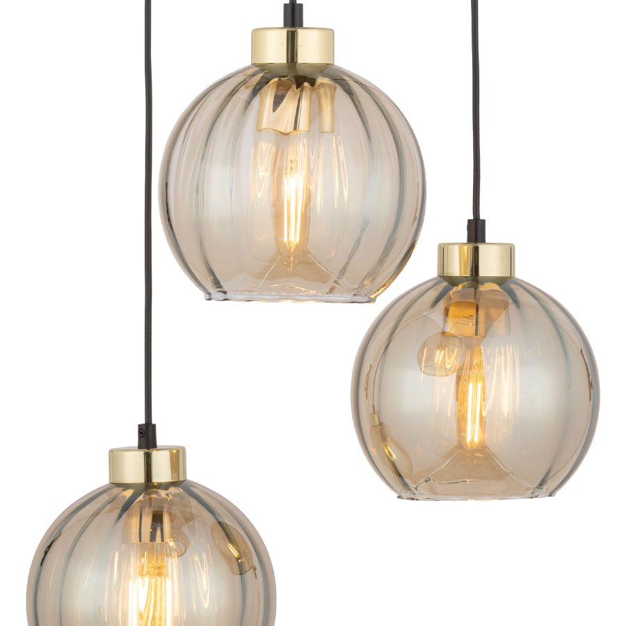 TK Devi loftlampe, m. 3 skrme - rav glas og sort metal