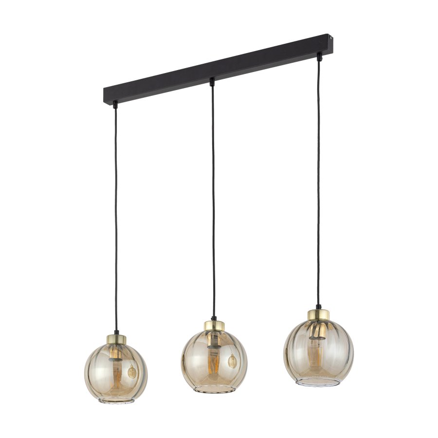 TK Devi loftlampe, m. 3 skrme - rav glas og sort metal