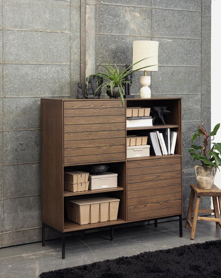 Modica-Schrank mit 2 Türen und Regalen – rauchfarbenes Eichenfurnier und schwarzes Metall