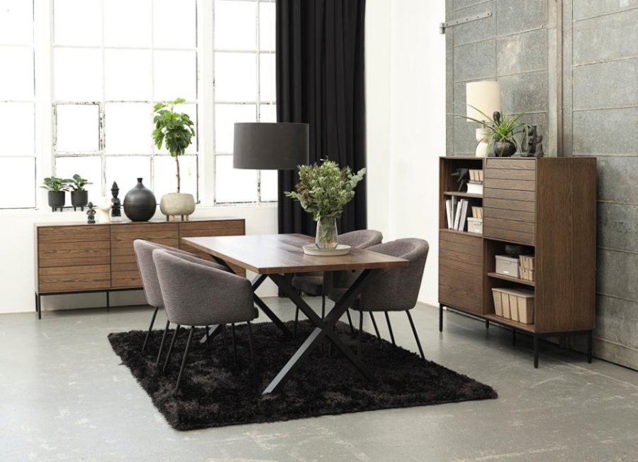 Modica-Schrank mit 2 Türen und Regalen – rauchfarbenes Eichenfurnier und schwarzes Metall