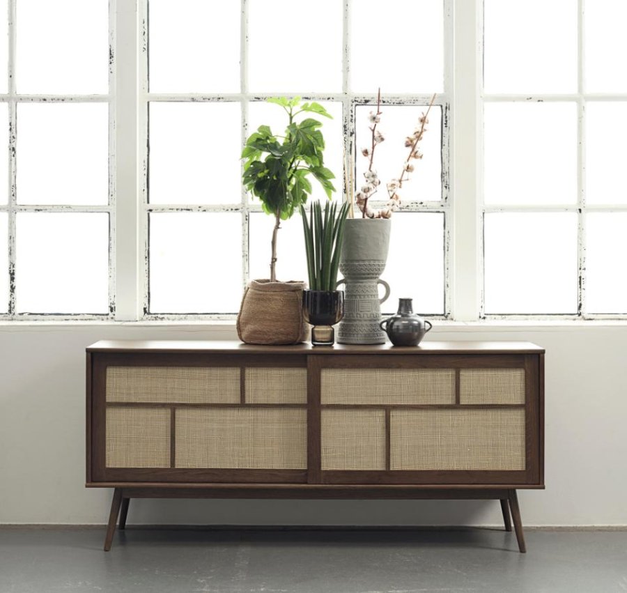 Barrali Sideboard mit 2 Schiebetüren und 1 Schublade – Rattan und geräucherte Eiche